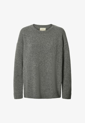 Grå strikket langærmet crewneck sweater med ribbede manchetter og kant, lavet af blødt tekstureret stof.
