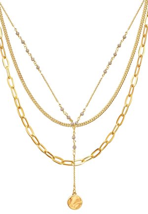 Goldbeschichtete Halskette mit kunstvollen Ketten, runden Gliedern und kleinen Perlen, mit einem Anhänger in der Mitte. Strukturiertes Oberflächendetail.