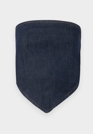 Dark blue denim face mask, features a structured shape with a pointed bottom. Visible stitching outlines the edges, creating a clean finish.