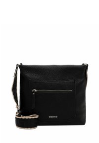 Black leather messenger bag with textured finish, front zip pocket, and adjustable strap featuring a woven pattern in light color.