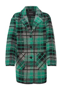 Grüner, schwarzer und grauer karierten Wollmischungsmantel mit Reverskragen, drei schwarzen Knöpfen und zwei großen Vordertaschen.