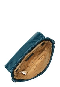 Täckväska i turkos med krokodilprägling och en guldfärgad dragkedja. Inuti finns en beige foder och tryckt varumärkesnamn i hela väskan.