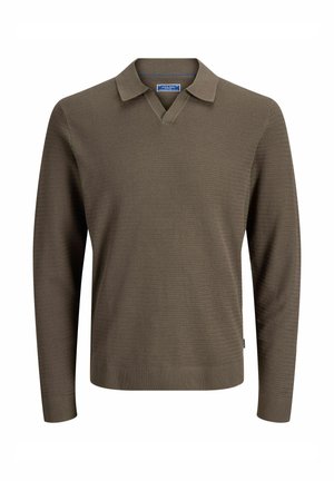 Olivgrüner Strickpullover mit V-Ausschnitt und kurzem Kragen. Verfügt über strukturierten Stoff sowie gerippte Bündchen und Saum. Keine sichtbaren Verschlüsse.