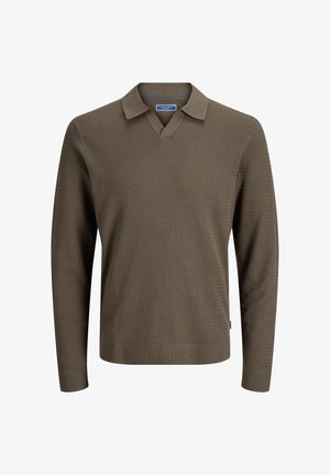 Olivgrüner Strickpullover mit V-Ausschnitt und kurzem Kragen. Verfügt über strukturierten Stoff sowie gerippte Bündchen und Saum. Keine sichtbaren Verschlüsse.