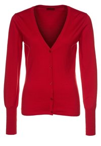 Cardigan rosso a maglia con maniche lunghe, scollo a V e chiusura frontale con bottoni. Texture liscia con un design aderente. Senza motivi o accessori aggiuntivi.