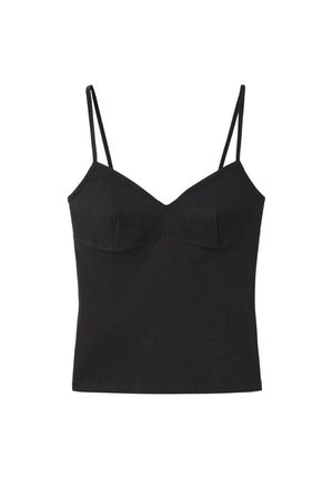 Top noir moulant sans manches avec fines bretelles ajustables et détails subtils de coutures sur la poitrine.