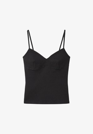 Top noir moulant sans manches avec fines bretelles ajustables et détails subtils de coutures sur la poitrine.