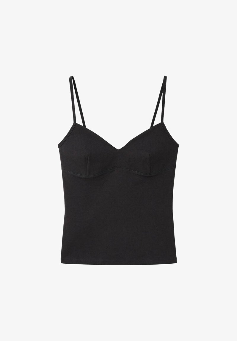 Top noir moulant sans manches avec fines bretelles ajustables et détails subtils de coutures sur la poitrine.
