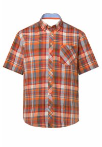 Košile na knoflíky s krátkým rukávem v pestrém kárném vzoru s oranžovou, modrou, zelenou a bílou barvou. Obsahuje náprsní kapsu a klasický límec.