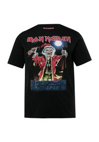 Černé bavlněné tričko s barevným grafickým motivem zombie postavy v santovském kostýmu, s nápisem "IRON MAIDEN" nahoře.