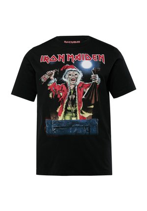 Black cotton t-shirt featuring a colorful graphic of a zombie figure in a Santa outfit, with "IRON MAIDEN" text above.