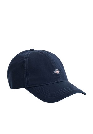 Cappellino da baseball blu navy con visiera curva e pannelli cuciti, con piccolo logo GANT ricamato con scudo sul davanti.