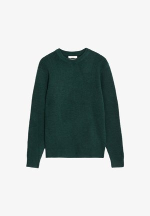Pull en tricot texturé vert avec un col rond et des manches longues. Pas de motifs ni d'accents visibles. Matériau doux avec un aspect confortable.