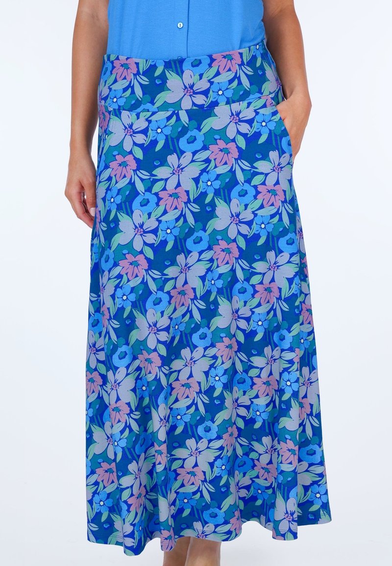 Maxi-Rock mit floralem Design in Blau und Lila, ausgestattet mit einer glatten Textur. Er verfügt über einen breiten Taillenbund und seitliche Taschen.