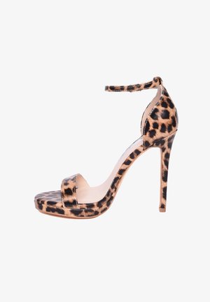 Sandalo con tacco alto in stampa leopardata, con cinturino alla caviglia, apertura davanti e texture liscia; presenta un tacco a stiletto e soletta imbottita.