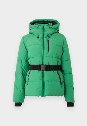 Zelena puhovka z kapuco, z zadrgo spredaj, črnim okovjem, zategnjeni črni pas in stranskimi žepek z likanim dizajnom.