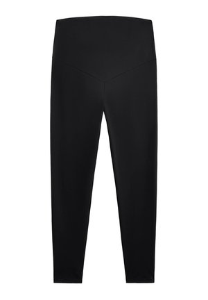 Black stretch leggings with a high waistband, featuring a V-shape design at the back, smooth texture, and tapered leg openings.