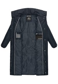Marineblaue, isolierte Parka mit Reißverschluss, langen Ärmeln und Seitentaschen. Verfügt über Innenetiketten mit Markenlogo und weiße Paspelierungen als Akzente.