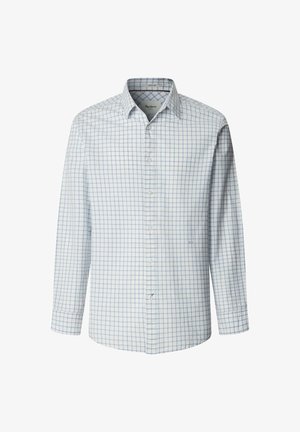 Helehall-valge ruuduline piklike varrukatega nööpidega pluus, klassikalise krae ja peene logoga alumise ääre lähedal. Puuvillane materjal.