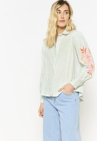 LolaLiza EMBROIDERED STRIPED - Button-down blouse - khaki mint
