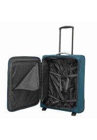 Teal hard-shell koffer met een uitschuifbare handgreep, ritsvak en grijze binnenkant. Heeft banden voor het vastzetten van de inhoud.