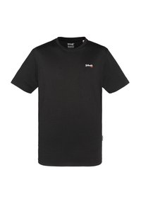 T-shirt in cotone nero con colletto girocollo, maniche corte e un piccolo logo rosso sul petto. Texture liscia con una forma dritta classica.