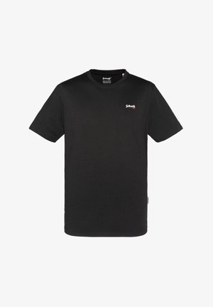 T-shirt in cotone nero con colletto girocollo, maniche corte e un piccolo logo rosso sul petto. Texture liscia con una forma dritta classica.