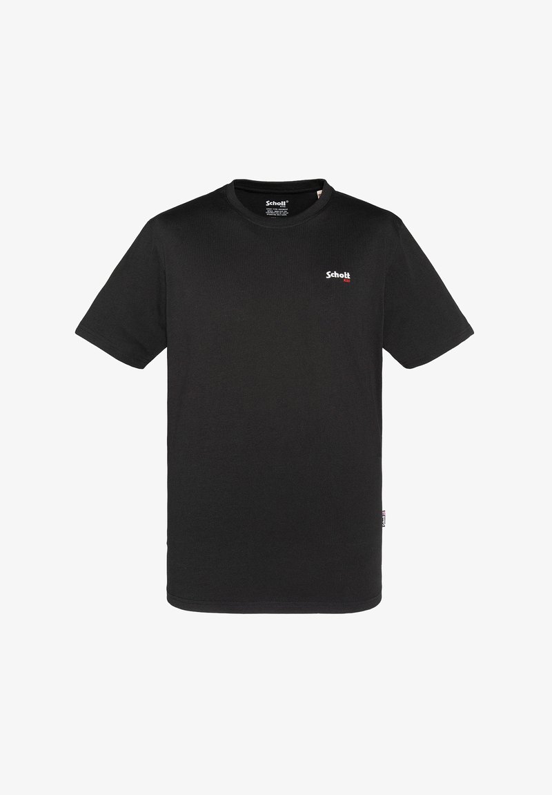 T-shirt noir en coton avec un col rond, des manches courtes et un petit logo rouge sur la poitrine. Texture lisse avec une coupe droite classique.