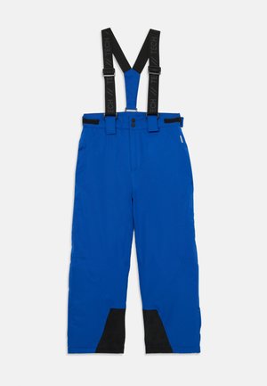Blaue Schneehose mit verstellbaren schwarzen Trägern, einem Knopfverschluss, zwei Seitentaschen und schwarzen Akzenten an den Knöcheln. Glatte Textur.