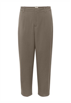 Taupefarbene, zulaufende Hosen aus glattem Stoff, mit flacher Vorderseite, zwei Seitentaschen und einem verkürzten Schnitt.