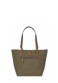 Olijfgroene tote bag met bruine leren accenten, voorzien van twee schouderbanden, een ritssluiting en een voorvak met een decoratief label.