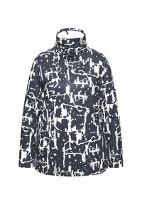Pullover con un collo alto, caratterizzato da un motivo astratto blu navy e bianco. Realizzato in un tessuto morbido ed elastico con maniche lunghe.