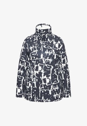 Sweter z wysokim kołnierzem, z granatowym i białym abstrakcyjnym wzorem. Wykonany z gładkiego, elastycznego materiału i z długimi rękawami.