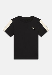 Svart kortärmad t-shirt med rund halsringning, med krämfärgade detaljer på axlarna och en liten gyllene Puma-logga på bröstet.