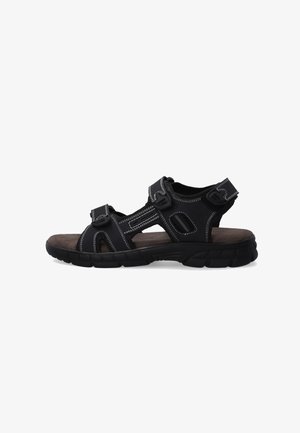 Black sandals with two adjustable straps, featuring cut-out designs, a cushioned insole, and a textured rubber sole for grip.