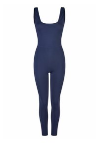 Navy blue bodysuit with a square neckline, wide straps, and a fitted design. Made of smooth, stretchy fabric, it features a seamless finish.