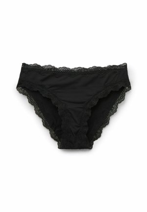 Bragas negras con encaje, con un borde festoneado, hechas de una tela suave, con una textura lisa y una forma clásica de braga.