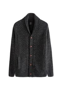 Ciemnoszara dziergana kardigan z kołnierzem szalami, teksturowanymi wzorami w warkocze i prążki oraz czterema brązowymi guzikami z przodu.