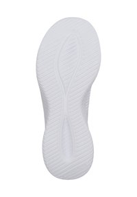 Semelle de sneaker blanche présentant un motif texturé et ondulé avec des nervures pour l'adhérence, une zone centrale lisse, et un logo embossé près du talon.