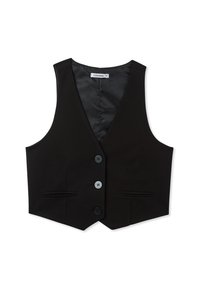 Gilet nero senza maniche con scollatura a V, dotato di tre bottoni neri e due tasche frontali, realizzato in tessuto liscio con fodera in satin.