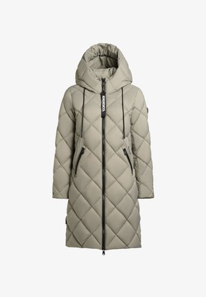 Gepolsterte Parka in Hellgrau mit gesteppter Musterung, hohem Kragen mit Kapuze, vorderem Reißverschluss und zwei seitlichen Reißverschlusstaschen.