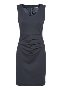 Robe sans manches, bleu marine avec un décolleté en V, des fronces à l'avant, et une fermeture éclair dissimulée à l'arrière. Fabriquée en tissu lisse et extensible.