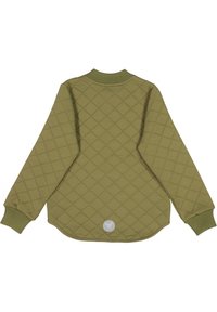 Oliven grøn quiltet jakke med diamantmønster, ribbede manchetter og kant. Har et rundt logo-patch på bagsiden nær bunden.