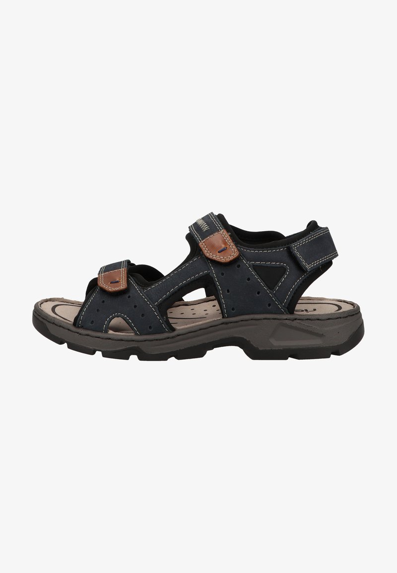 Men's open-toe sandals in dark blue with leather accents. Features adjustable straps, perforations for breathability, and a rugged rubber sole.