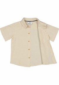 Kortärmad, beige knapp-up skjorta av linne. Har en krage, sex knappar och en enda bröstficka. Lätt, texturerad tyg.