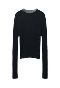 Maglione nero a coste con maniche lunghe e scollo rotondo. Presenta una texture morbida e un design aderente, ideale per essere indossato a strati.