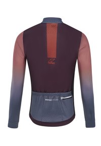 Długorękawowa koszulka rowerowa w ciemnofioletowym kolorze, z niebieskimi i pomarańczowymi akcentami w kratę, zamykaną kieszonką na suwak oraz oddychającą konstrukcją.