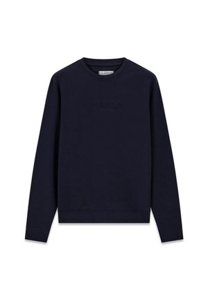 Navyblauer Pullover mit Rundhalsausschnitt und langen Ärmeln, mit einem dezenten, eingeprägten "GUESS EST. 1981"-Logo auf der Brust.