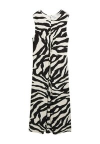 Crna i bijela haljina bez rukava sa uzorkom zebra pruga, koja ima okrugli izrez i twist detalj na struku.