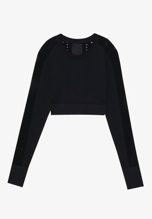 Sweatshirt preto cropped com mangas长as, apresentando inserções de rede nos ombros e laterais. Tecido liso com decote redondo e punhos ajustados.